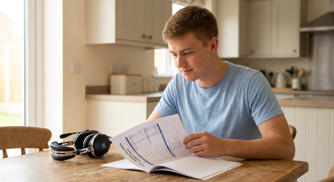 Student pilot reviewing a training payment plan at a kitchen table, aviation headset beside them